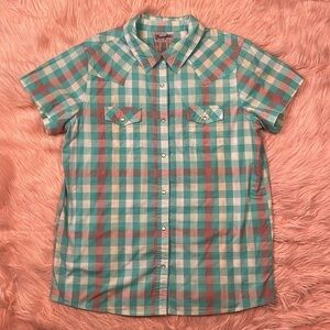 Wrangler Wrancher Pearl Snap Blue/Green‎ Button Down Short Sleeve Shirt sz Large